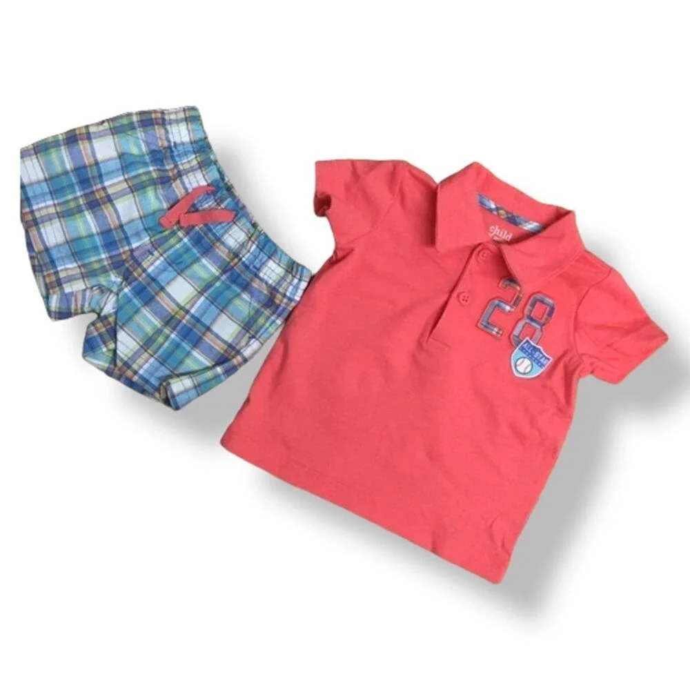 Child of Mine Boys Outfit Size 0-3 Months Orange Blue Baseball Polo Plaid Shorts